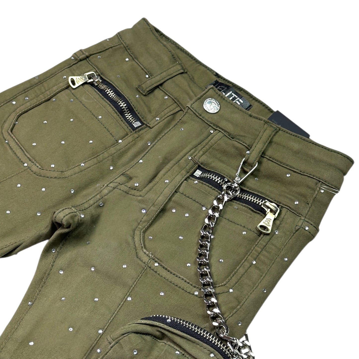 Olive Rhinestone Premium Kids Stacked Jeans