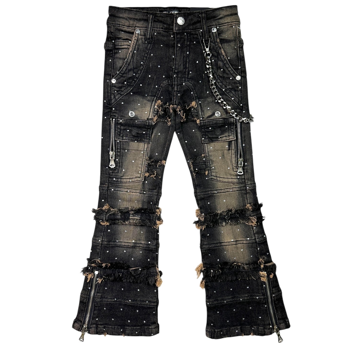 Taupe/Black Rhinestone Premium Kids Stacked Jeans