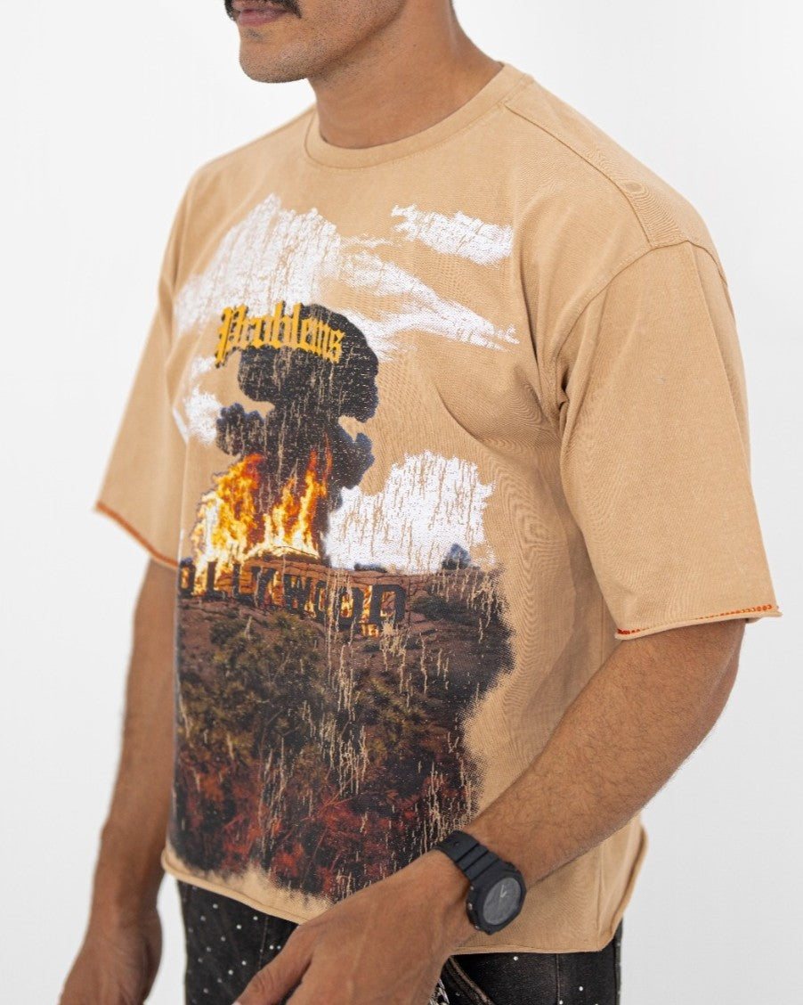 PRBLMS Tan Rhinestone Cropped Premium Mens Tee