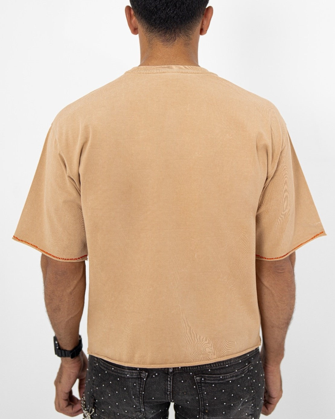 PRBLMS Tan Rhinestone Cropped Premium Mens Tee