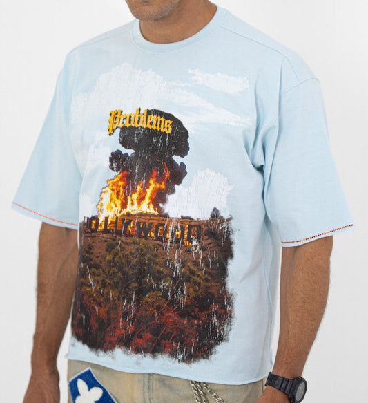 PRBLMS Baby Blue Rhinestone Cropped Premium Mens Tee