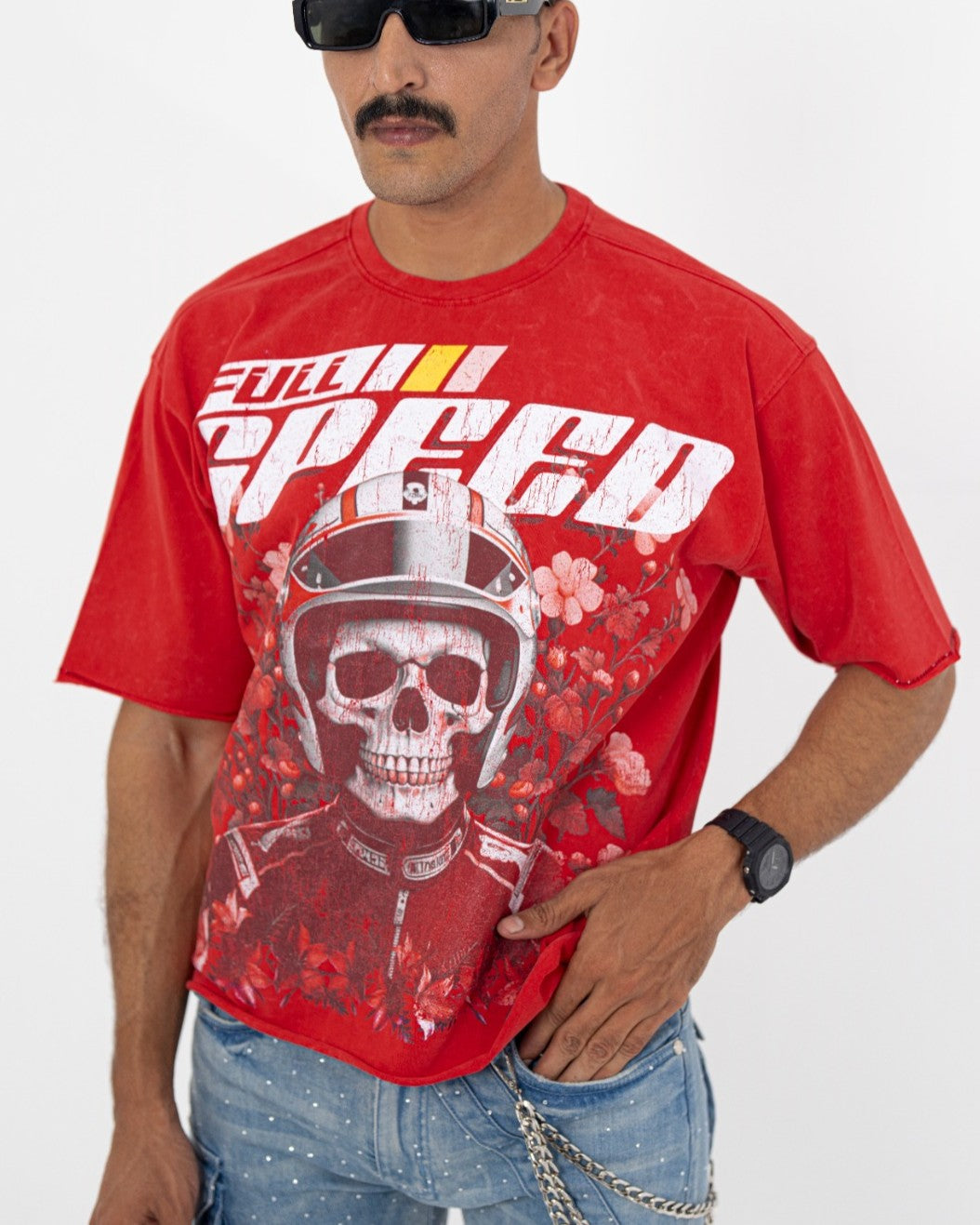 Full Speed Red Rhinestone Cropped Premium Mens Tee