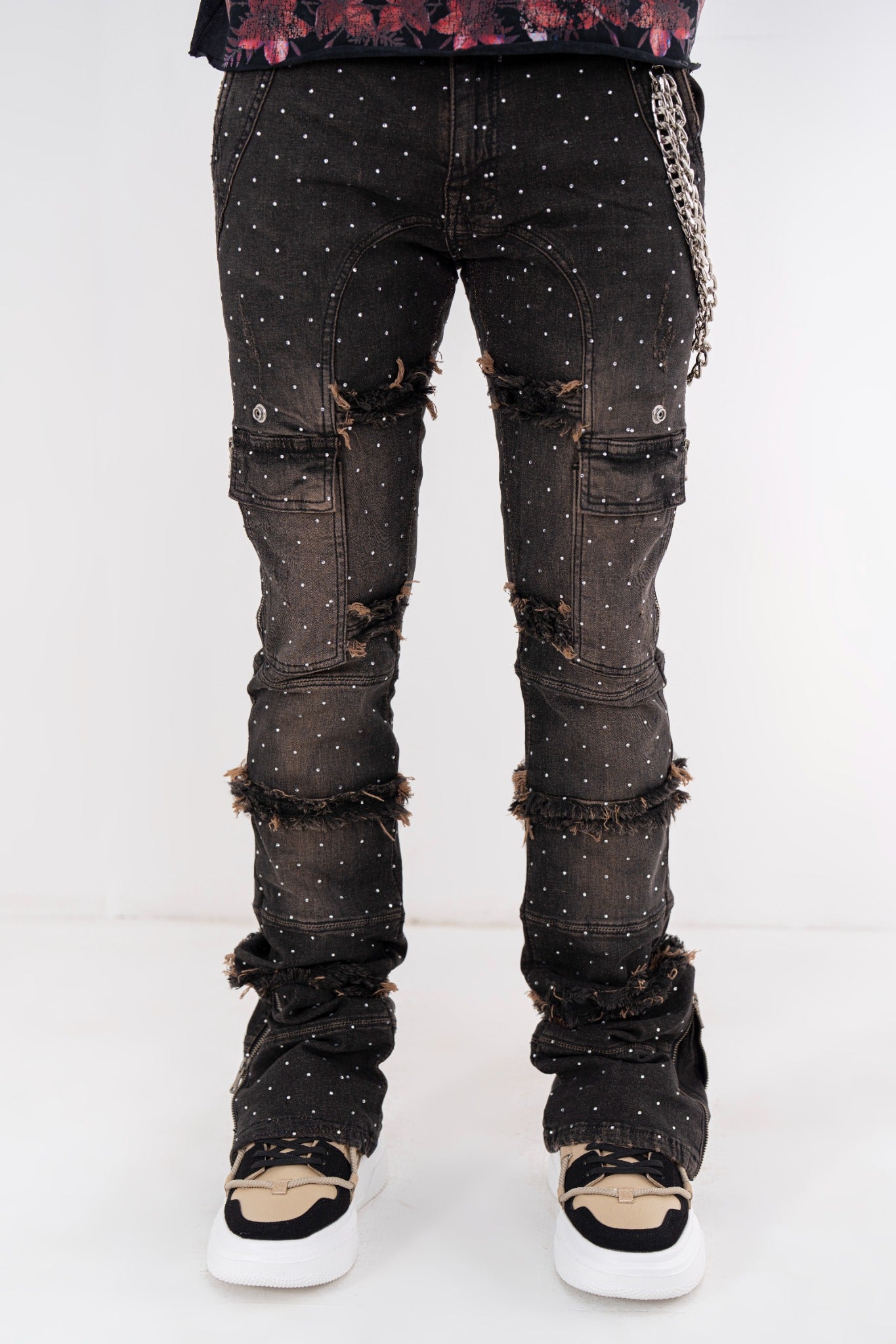 Full Stone Taupe Premium Mens Stacked Jeans + Wallet Chain