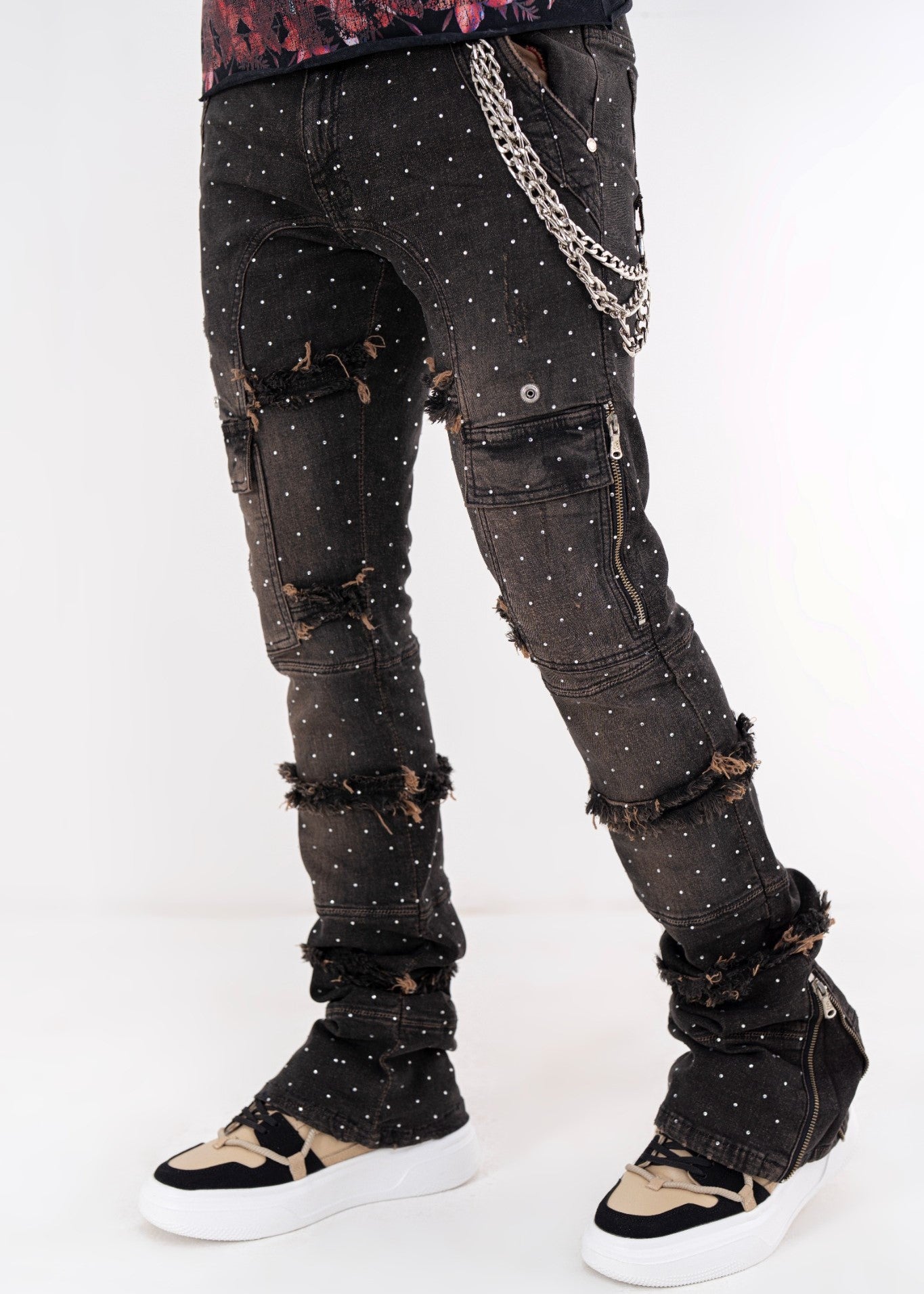 Full Stone Taupe Premium Mens Stacked Jeans + Wallet Chain