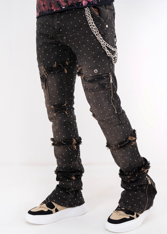 Full Stone Taupe Premium Mens Stacked Jeans + Wallet Chain