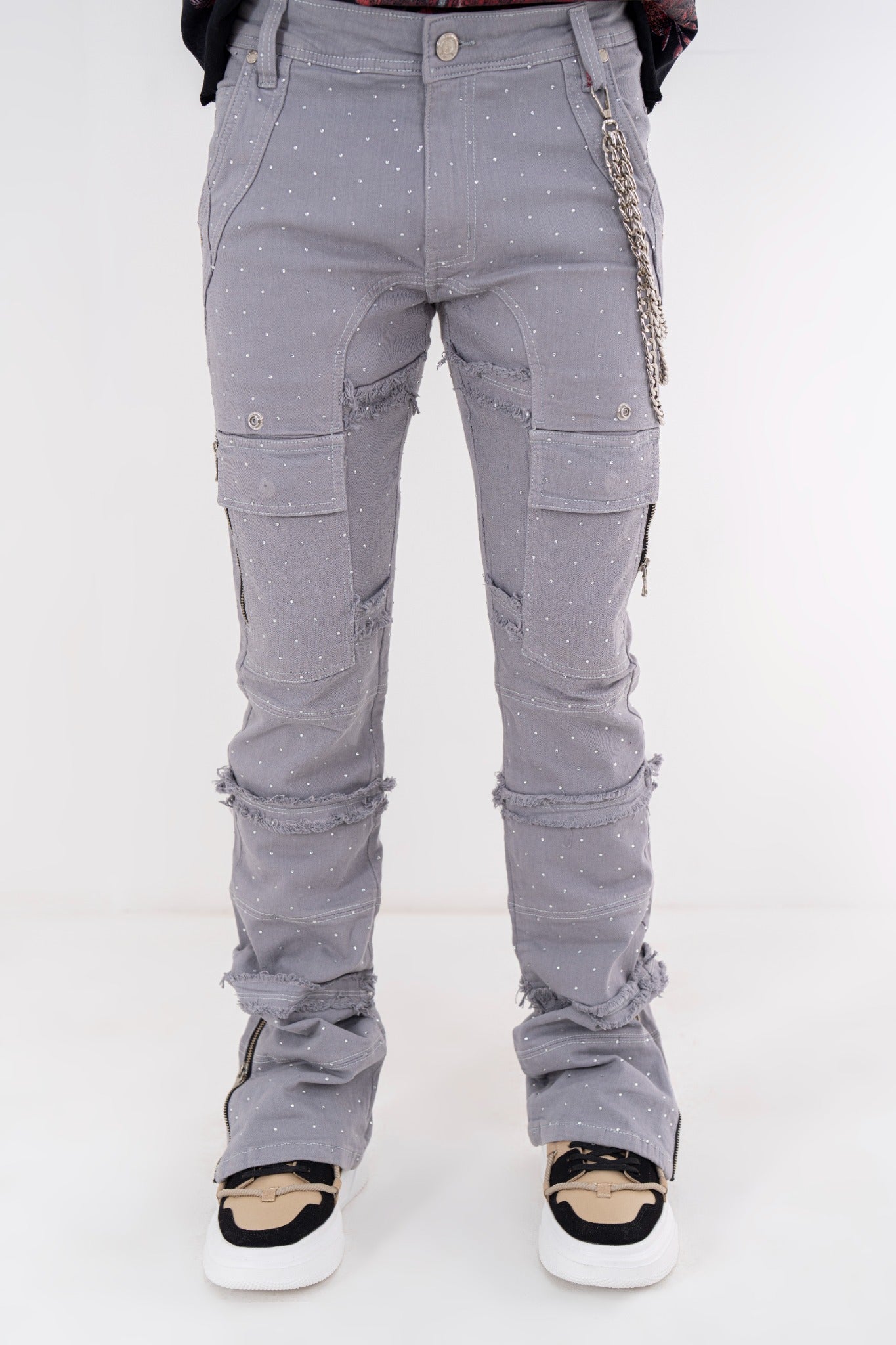 Full Stone Silver Premium Mens Stacked Jeans + Wallet Chain