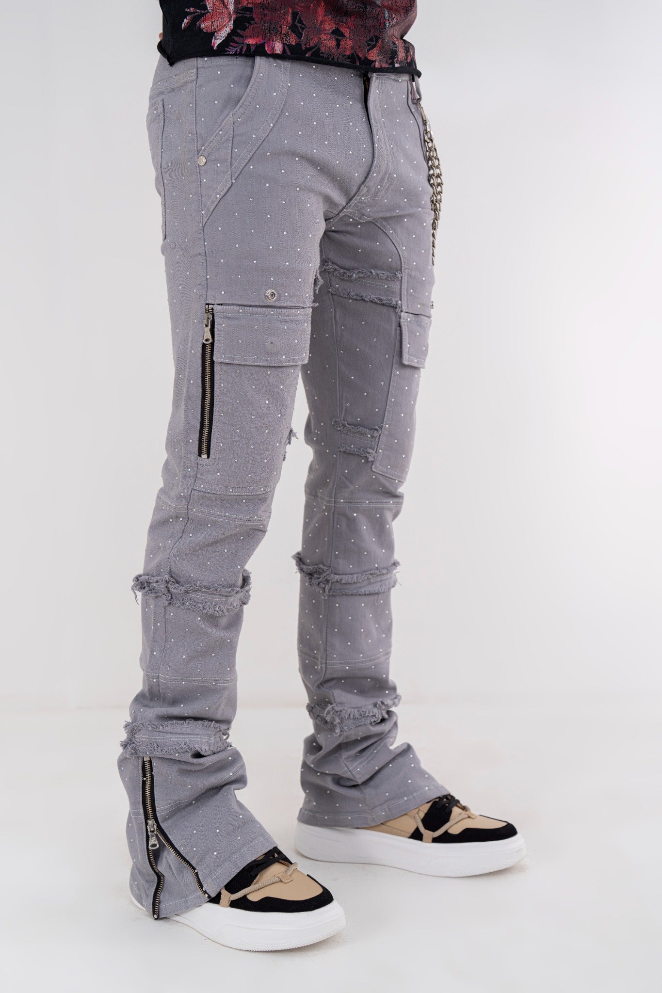 Full Stone Silver Premium Mens Stacked Jeans + Wallet Chain