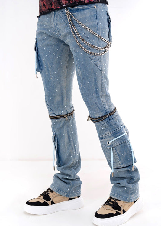 Full Stone Ocean Blue Premium Mens Stacked Jeans + Wallet Chain