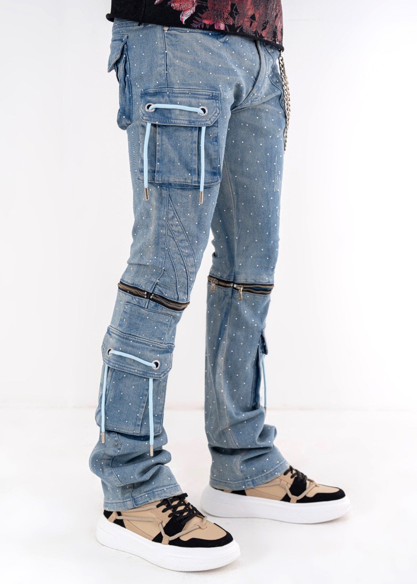 Full Stone Ocean Blue Premium Mens Stacked Jeans + Wallet Chain