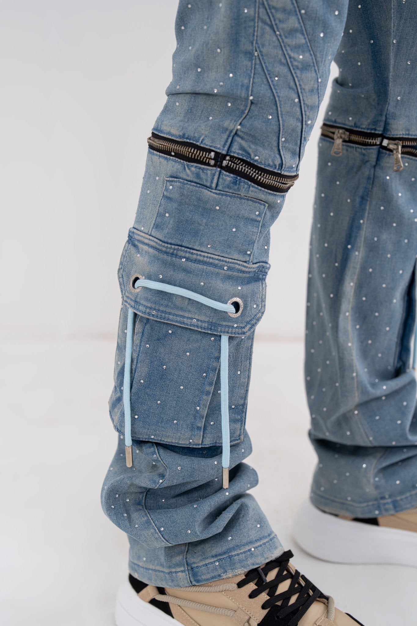 Full Stone Ocean Blue Premium Mens Stacked Jeans + Wallet Chain
