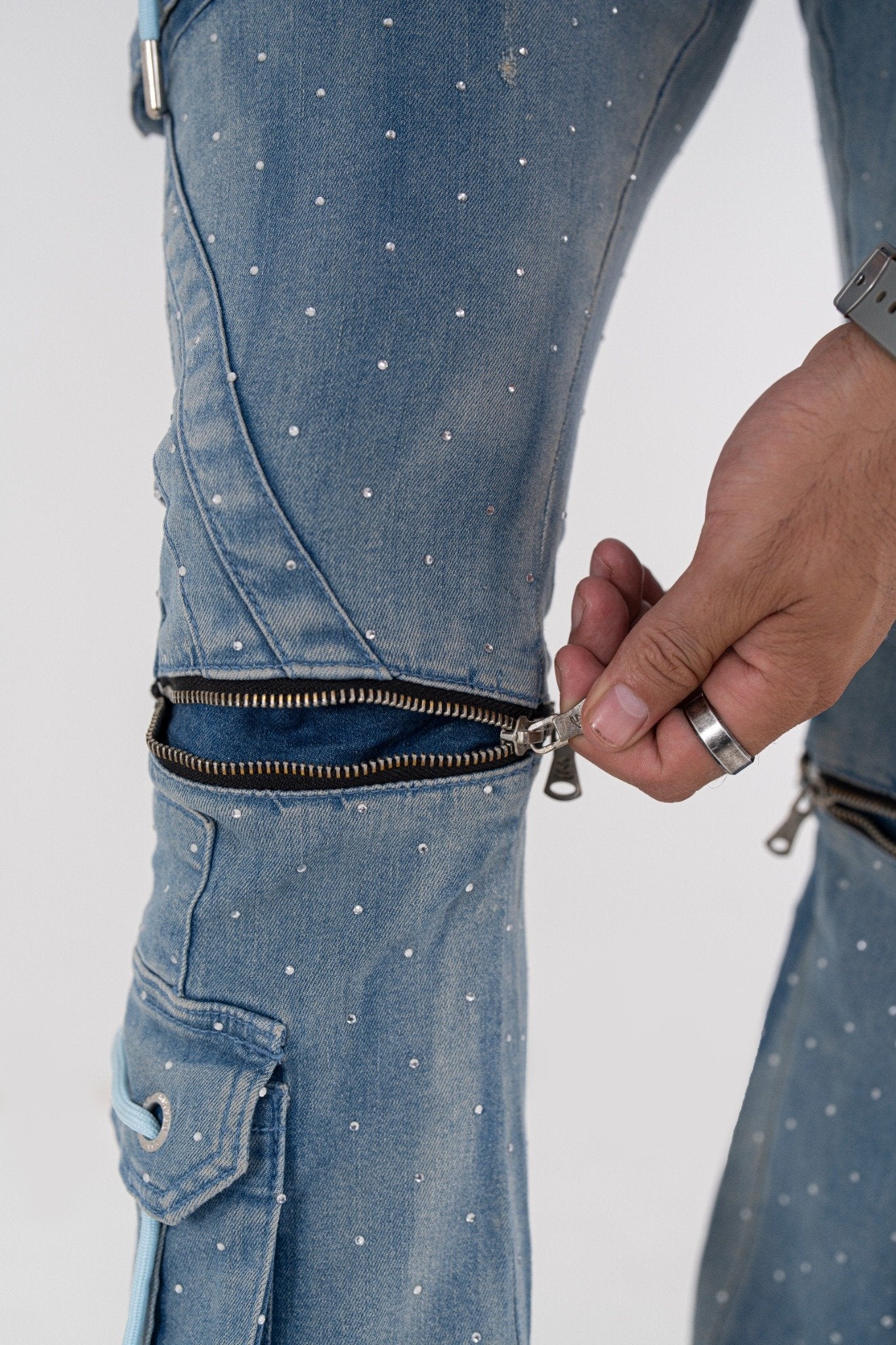 Full Stone Ocean Blue Premium Mens Stacked Jeans + Wallet Chain