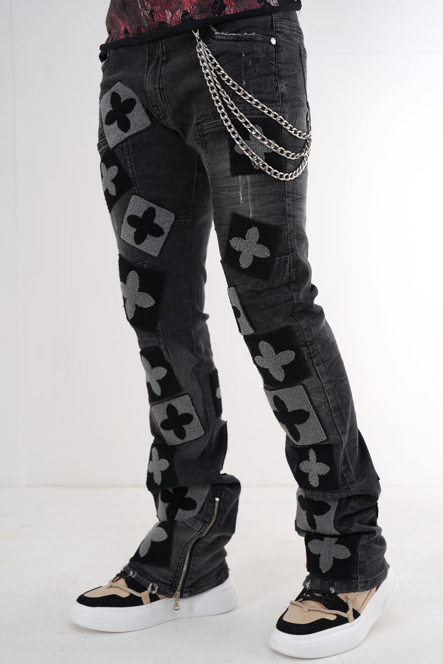 4Clover BlackPremium Mens Stacked Jeans + Wallet Chain