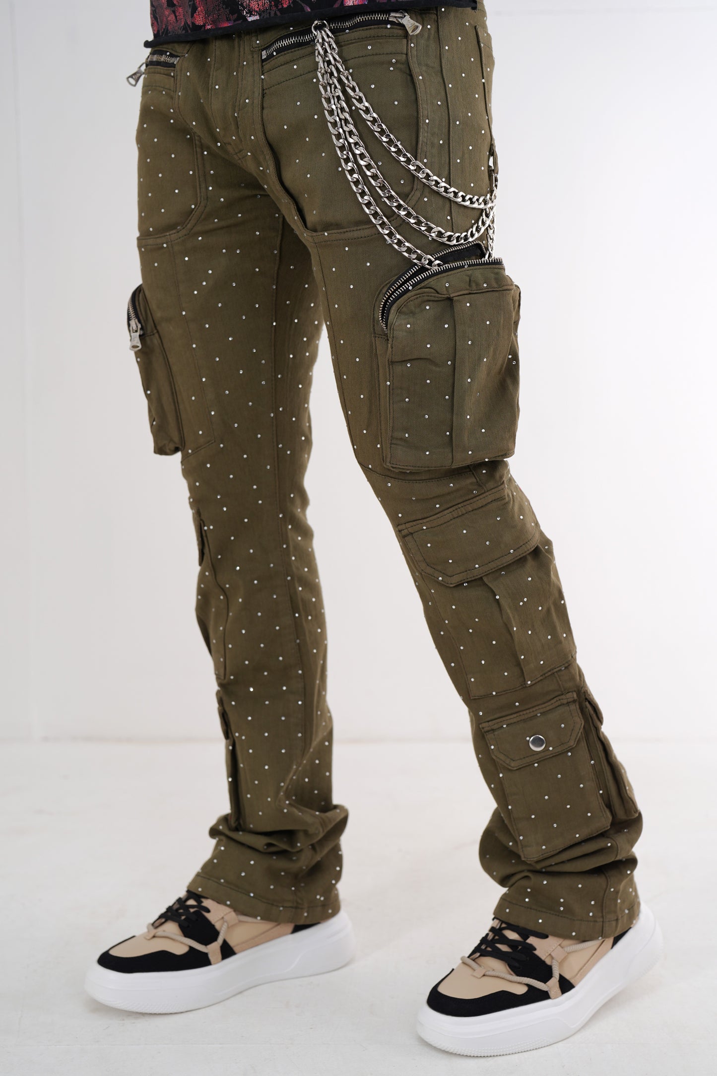 Full Stone Olive Premium Mens Stacked Jeans + Wallet Chain