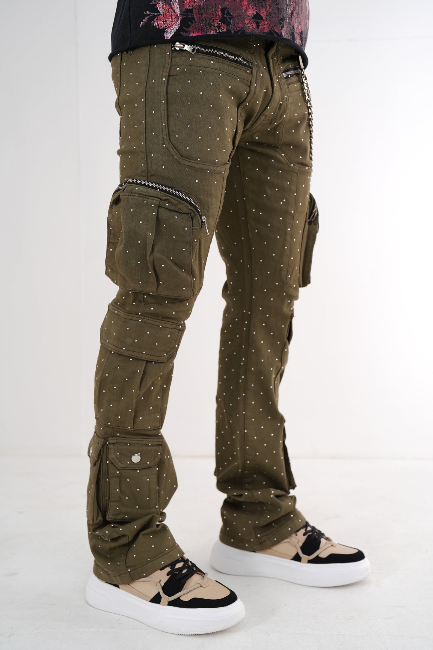 Full Stone Olive Premium Mens Stacked Jeans + Wallet Chain