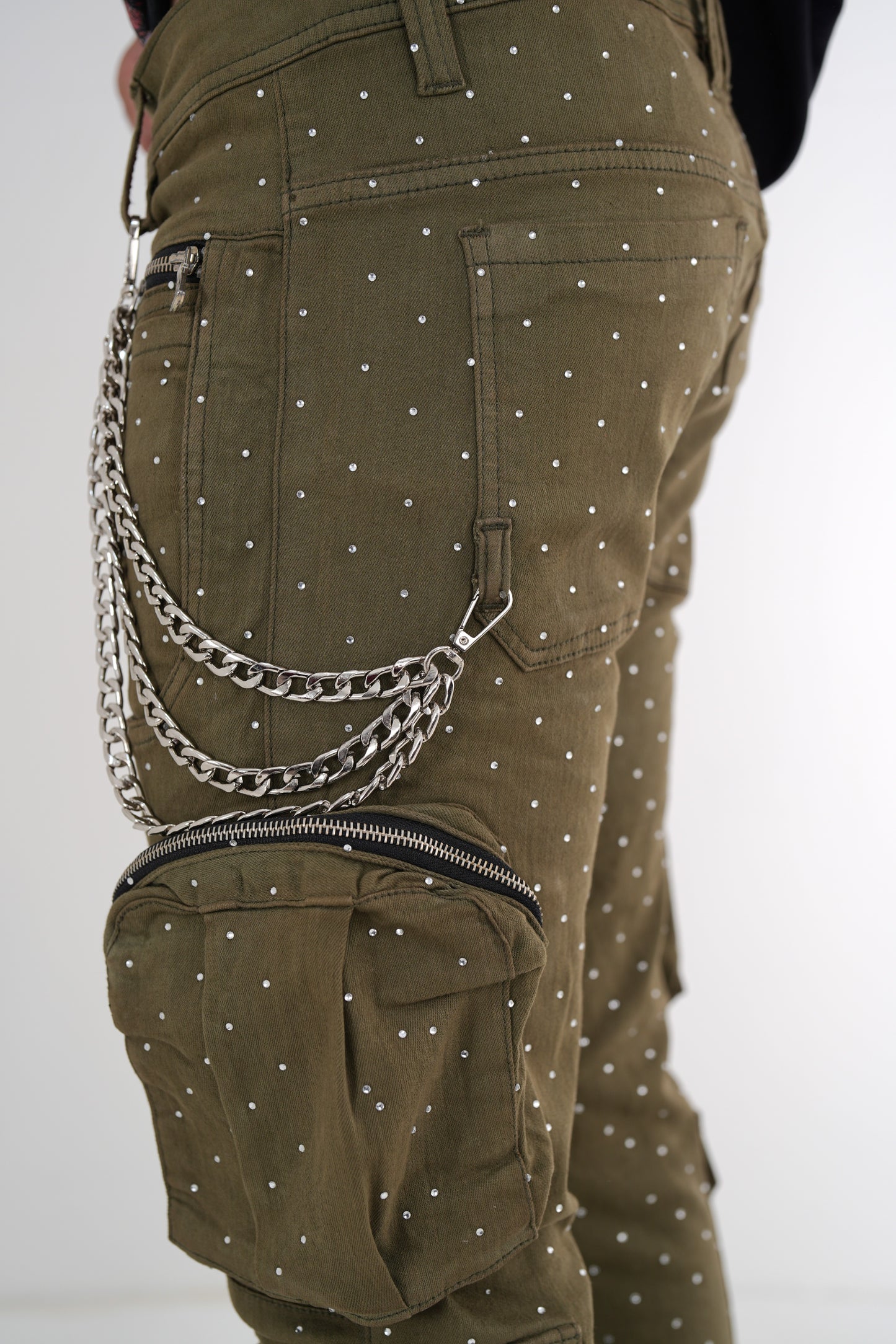 Full Stone Olive Premium Mens Stacked Jeans + Wallet Chain