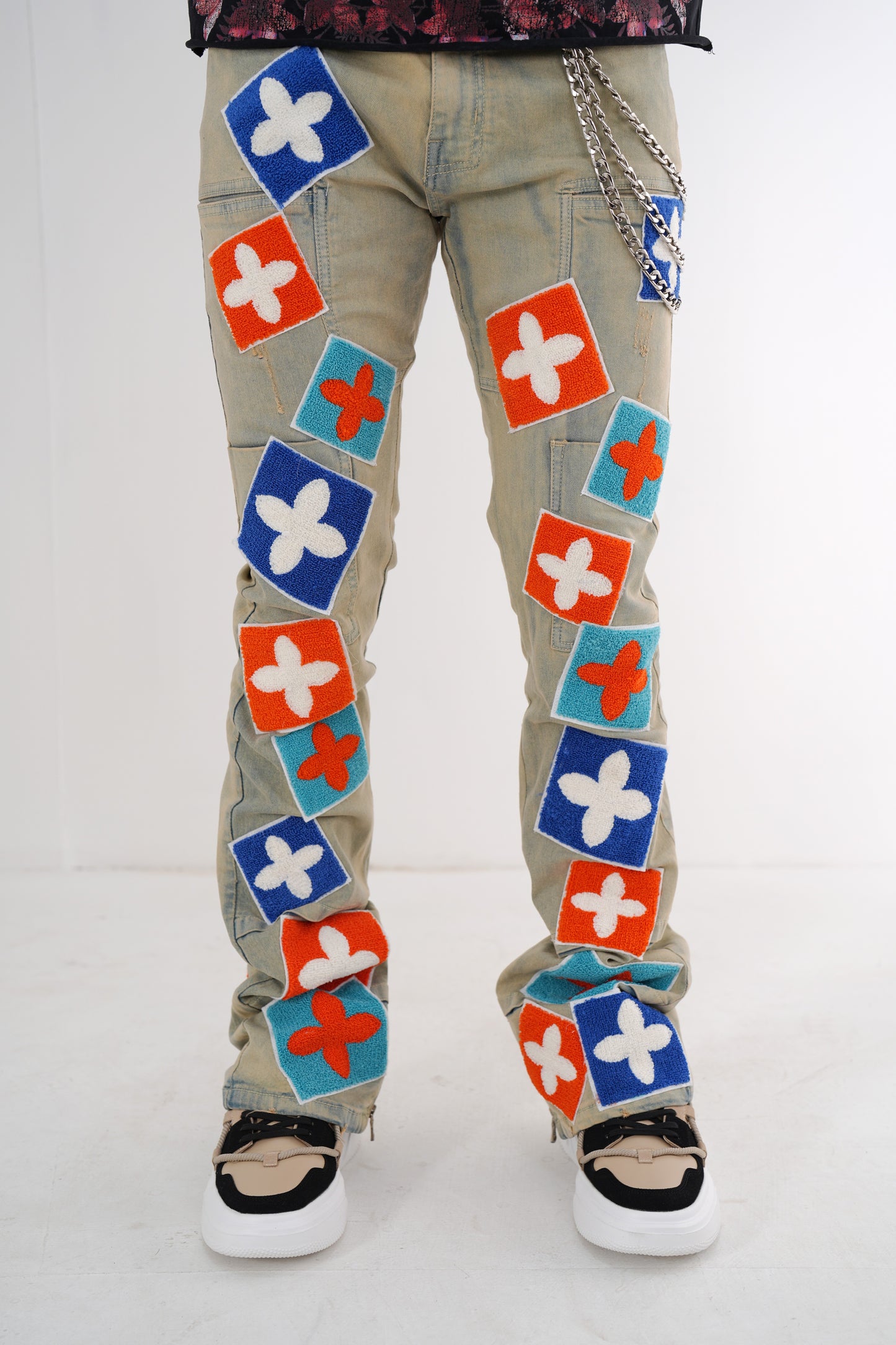 4Clover Sand Premium Mens Stacked Jeans + Wallet Chain