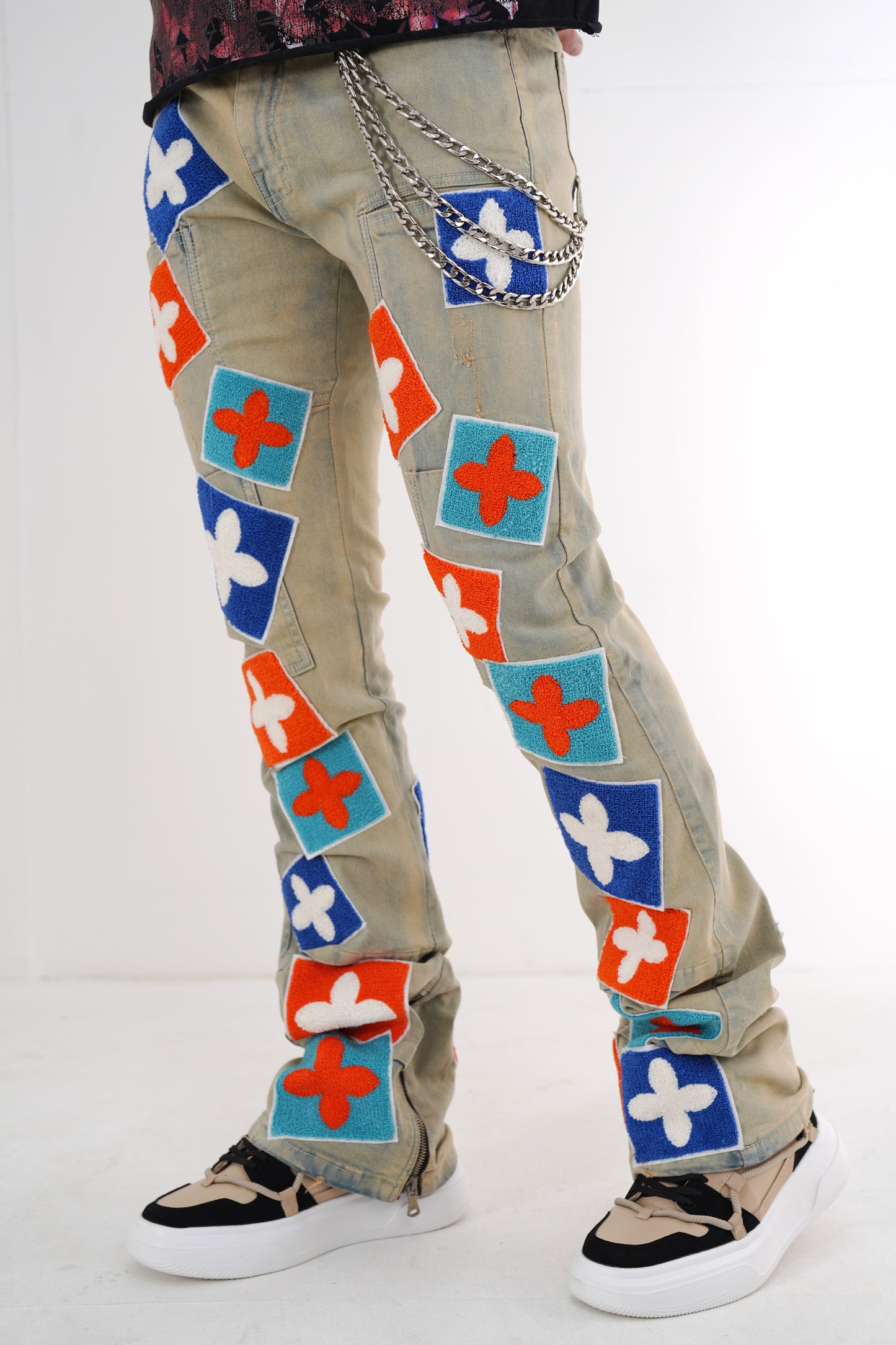 4Clover Sand Premium Mens Stacked Jeans + Wallet Chain