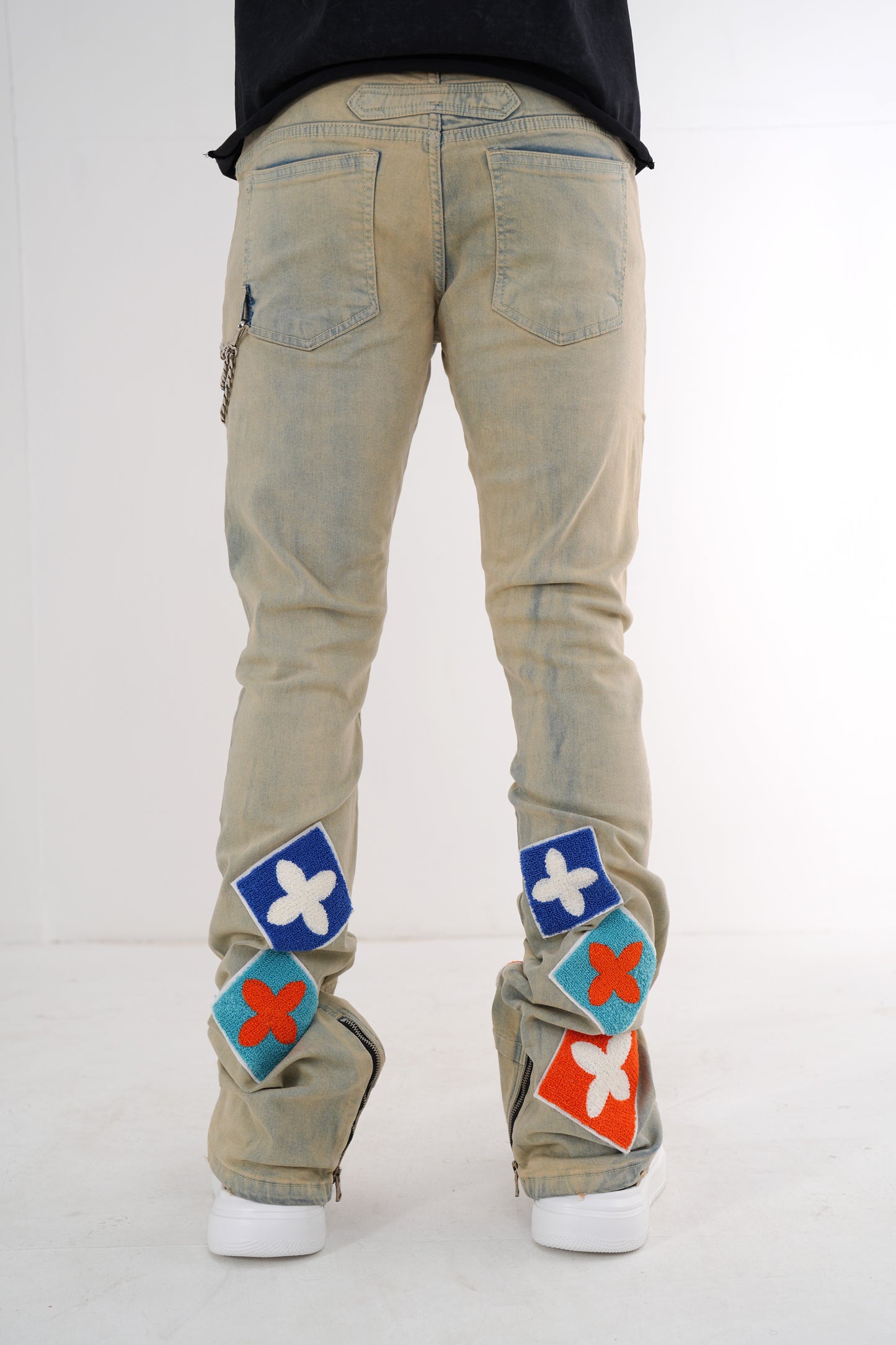 4Clover Sand Premium Mens Stacked Jeans + Wallet Chain