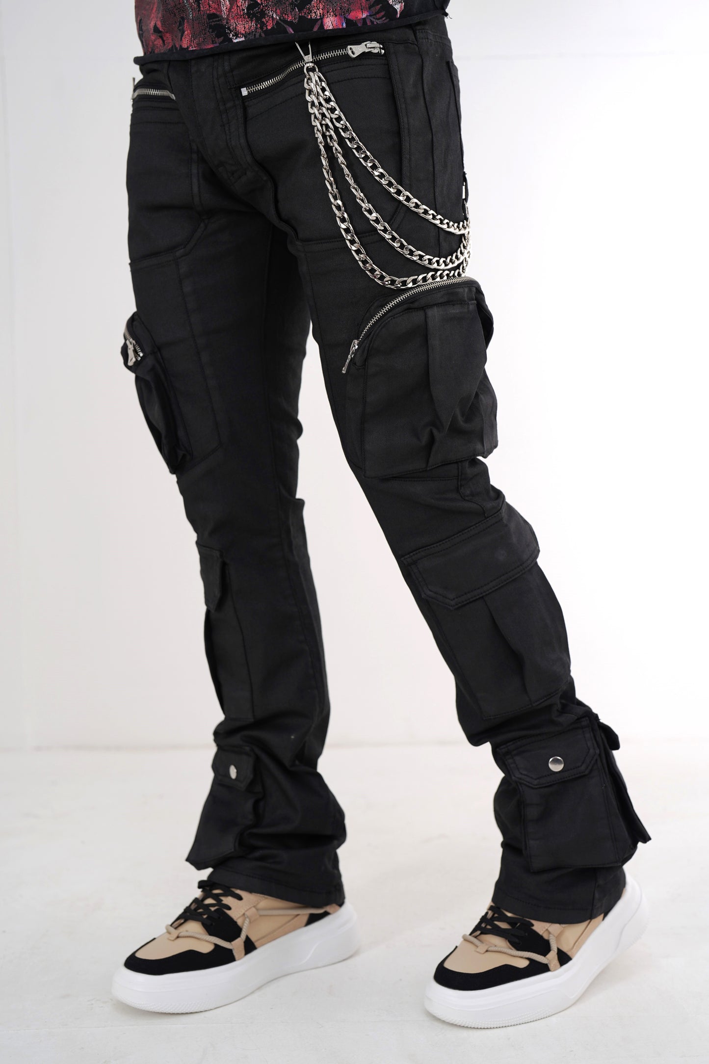 Black Wax Premium Mens Stacked Jeans + Wallet Chain