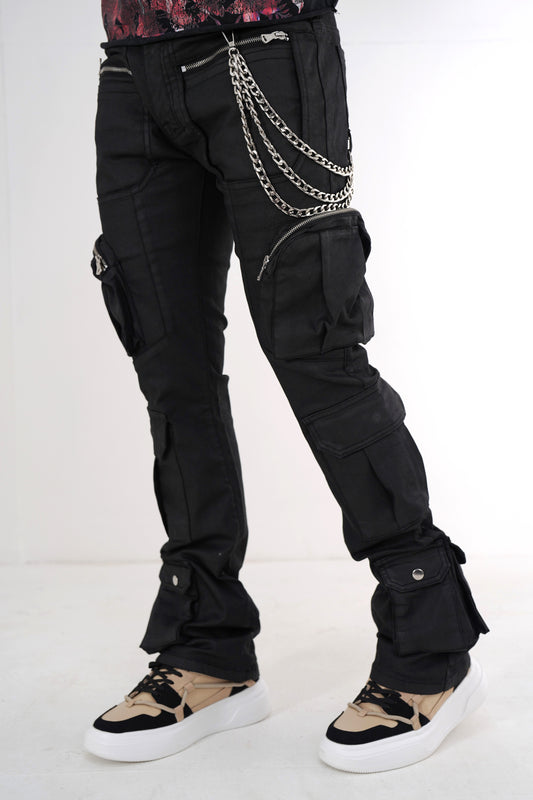Black Wax Premium Mens Stacked Jeans + Wallet Chain