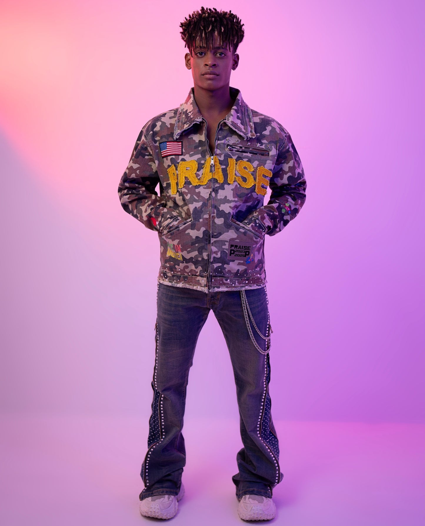 Praise Embellished Premium Mens Denim Jacket Camo