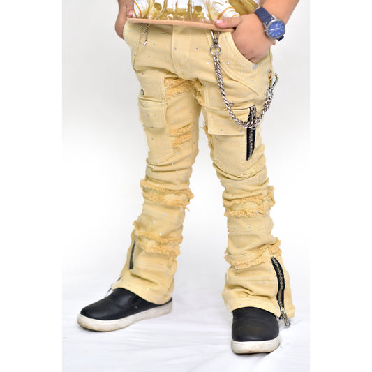 Cream Rhinestone Premium Kids Stacked Jeans