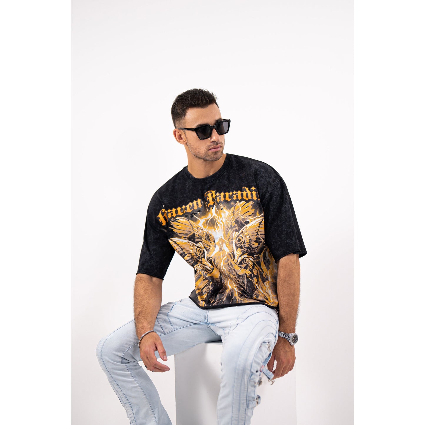 PARADISE Cropped Oversized Washed Premium Mens Tee