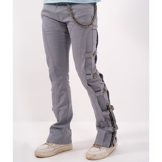 Grey Buckle Premium Mens Stacked Jeans + Wallet Chain