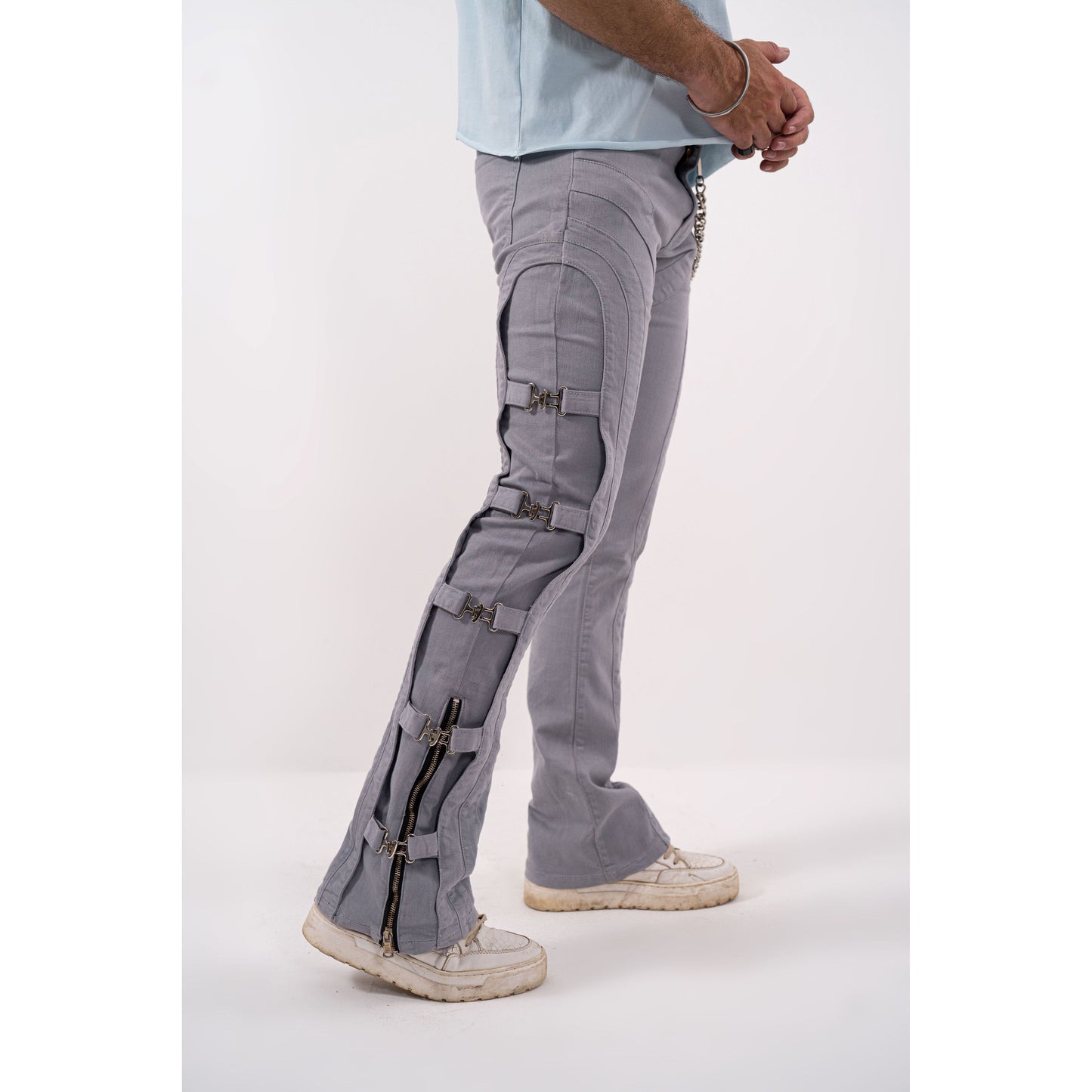 Grey Buckle Premium Mens Stacked Jeans + Wallet Chain