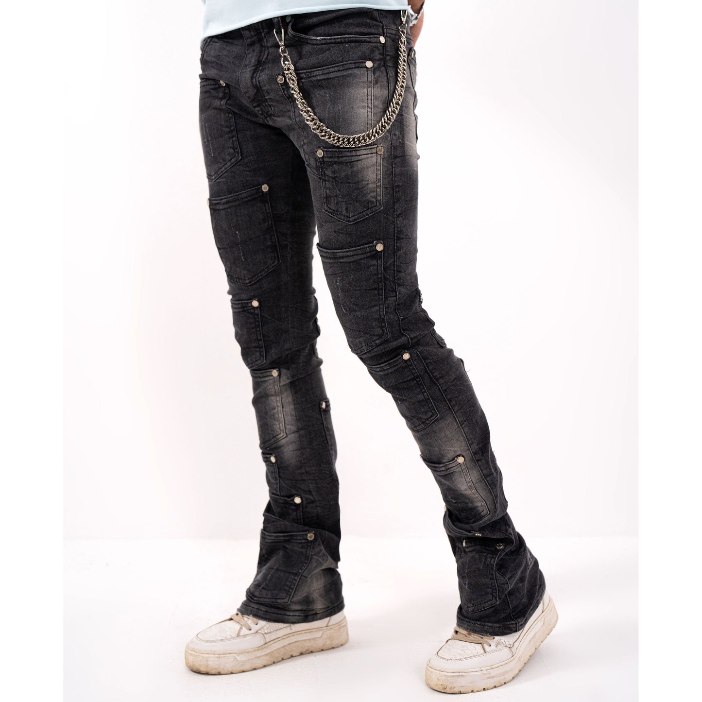 Rivets Premium Mens Stacked Jeans + Wallet Chain