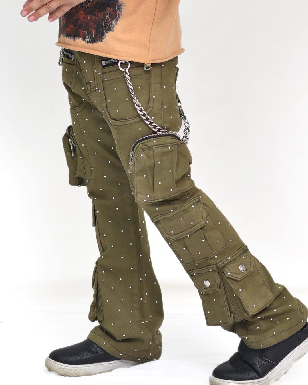 Olive Rhinestone Premium Kids Stacked Jeans