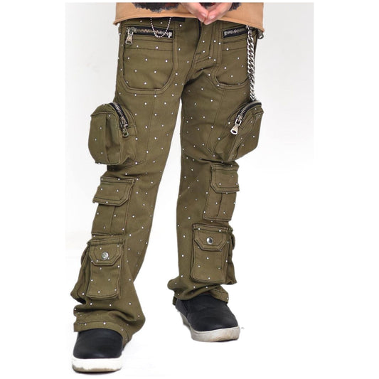 Olive Rhinestone Premium Kids Stacked Jeans