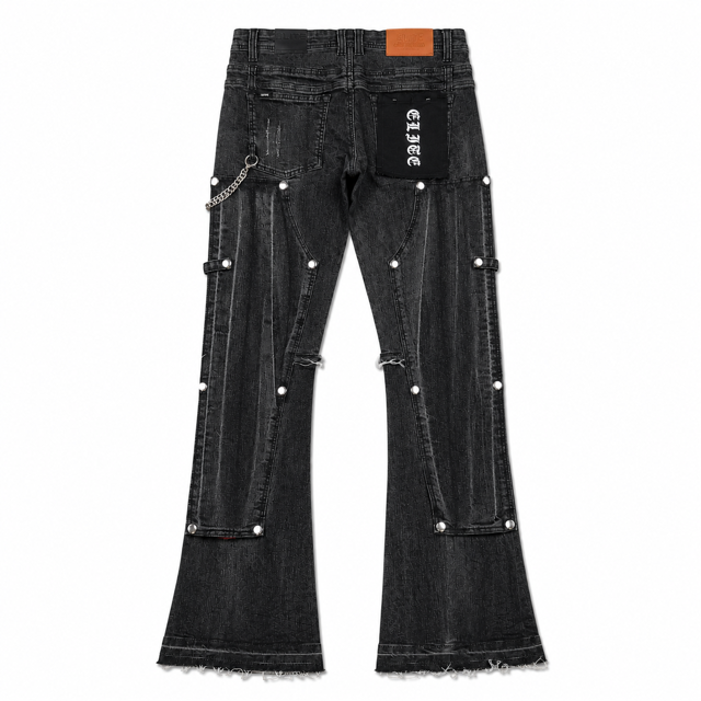 Padded Black Washed Denim Men's Flare Jeans + Chain
