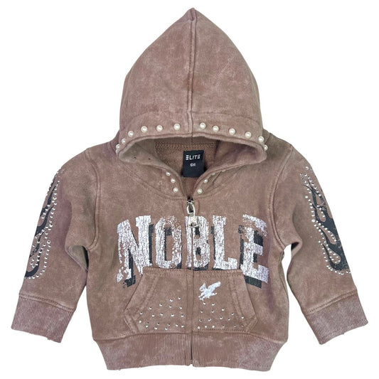 Noble Mocha Washed Rhinestones + Pearls Infant Boys Hoodie Zip Up