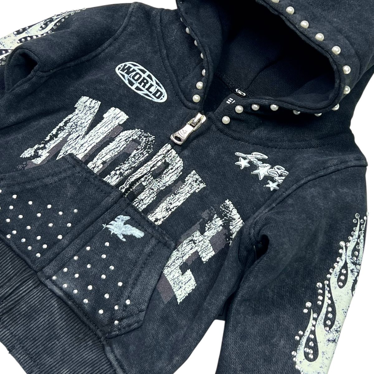 Noble Black Washed Rhinestones + Pearls Infant Boys Hoodie Zip Up