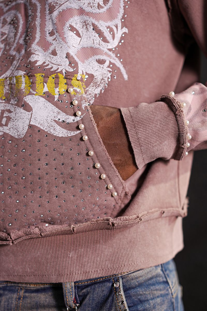 Saints Mocha Washed Rhinestone Premium Mens Hoodie + Pearls