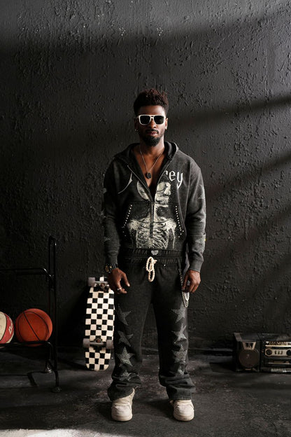 Mercy Black Skull Rhinestone Premium Mens Fleece Set