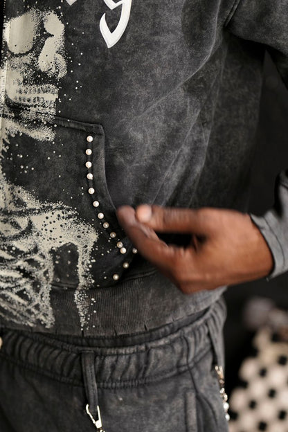 Mercy Black Skull Rhinestone Premium Mens Fleece Set