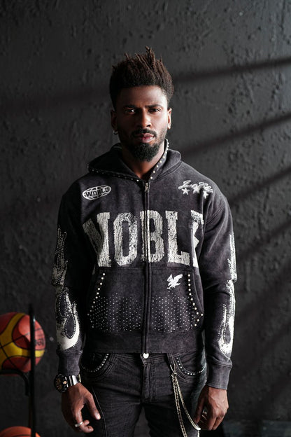 Noble White Rhinestone Premium Mens Hoodie + Pearls Zip Up