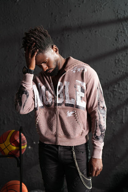 Noble Mocha Rhinestone Premium Mens Hoodie + Pearls Zip Up
