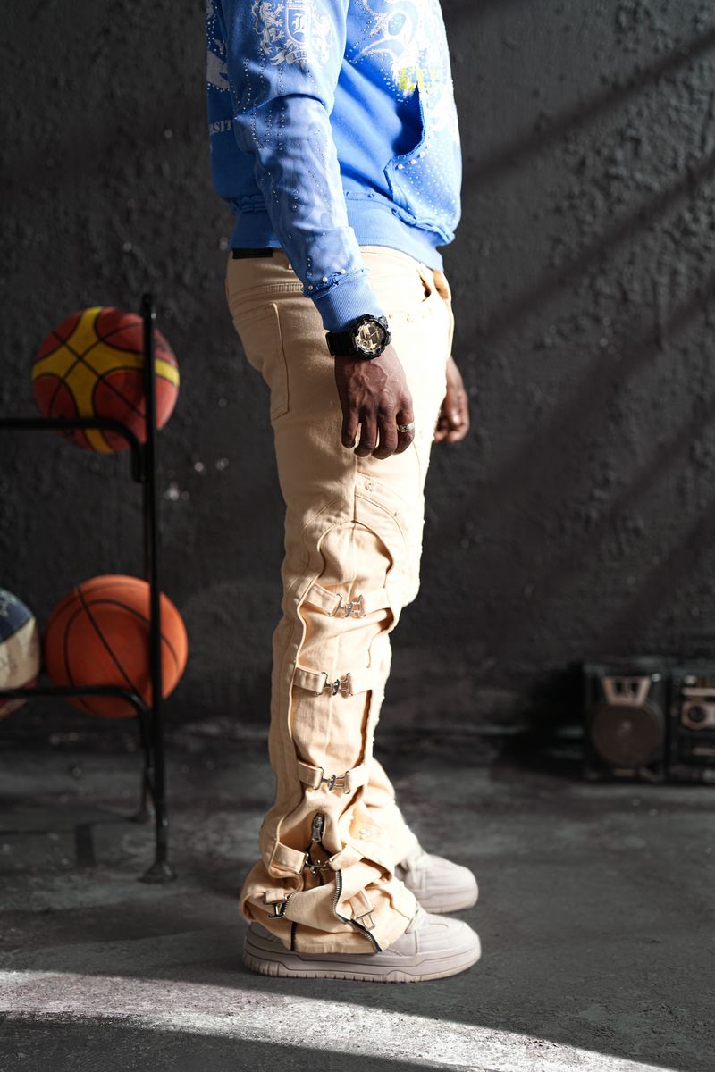 Cream Sandstorm Premium Mens Stacked Jeans + Chain