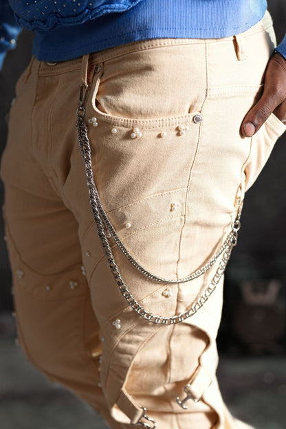 Cream Sandstorm Premium Mens Stacked Jeans + Chain