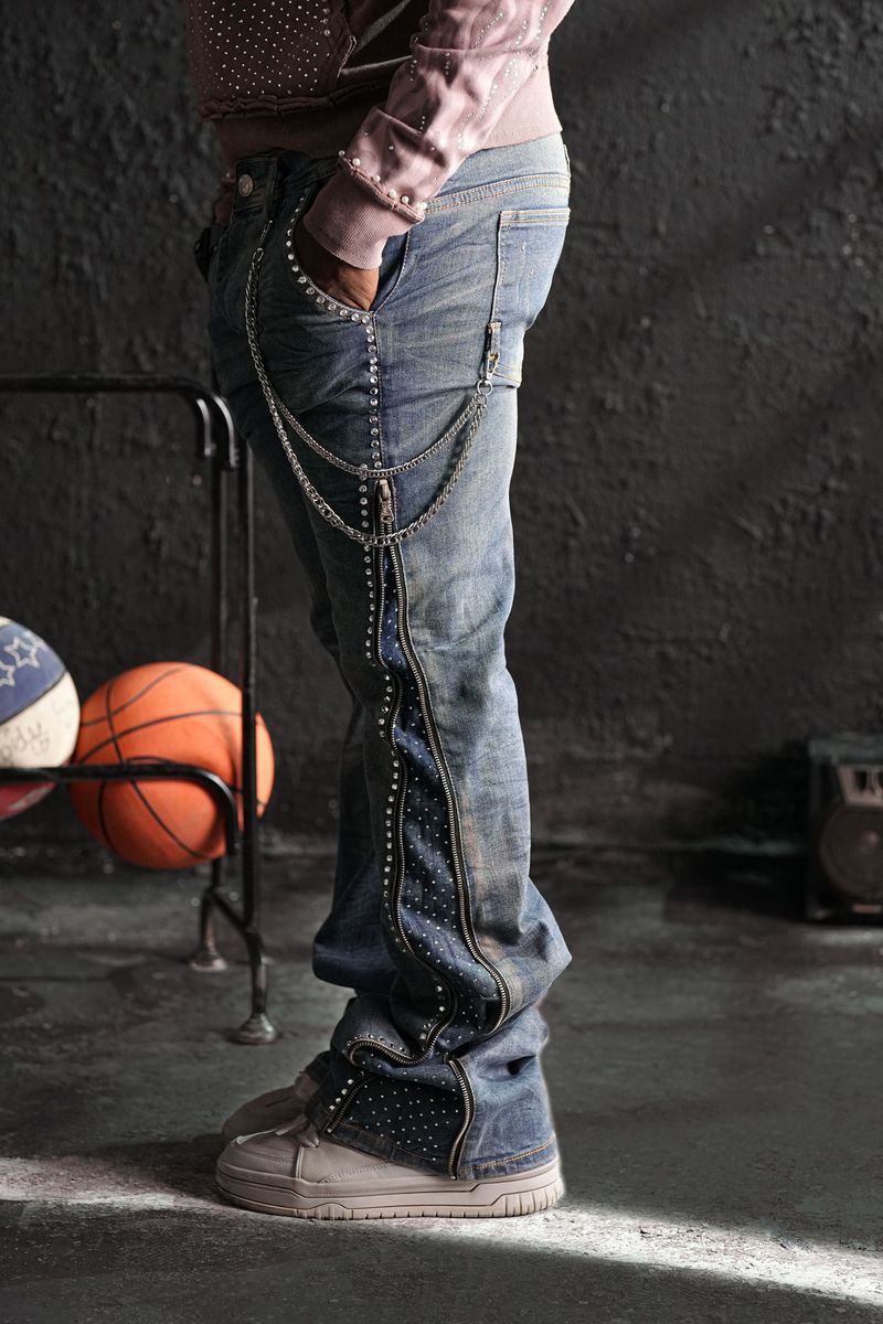 Secret Stone Vintage Premium Mens Stacked Jeans + Chain