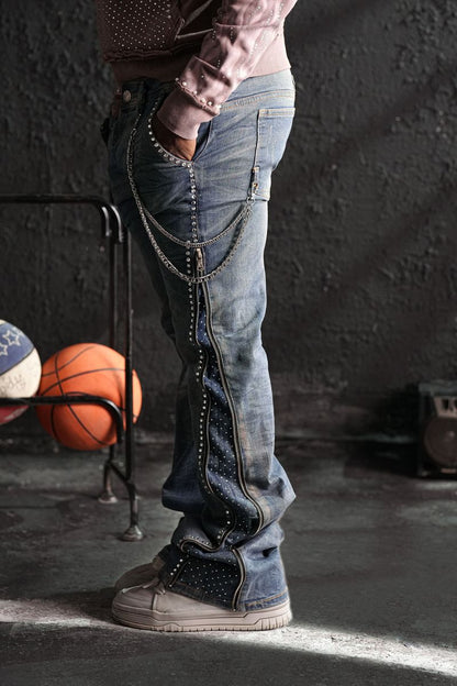 Secret Stone Vintage Premium Mens Stacked Jeans + Chain