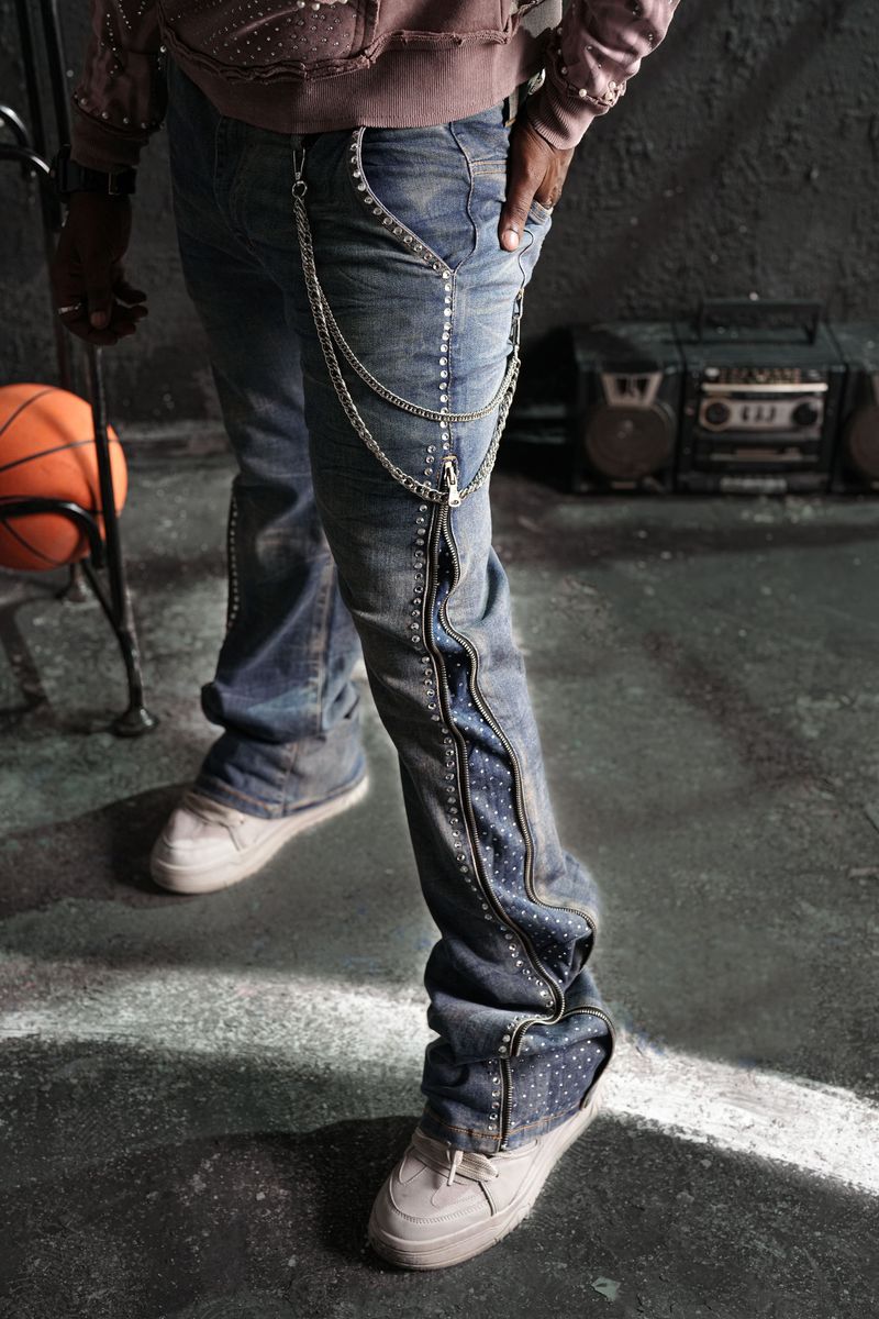 Secret Stone Vintage Premium Mens Stacked Jeans + Chain
