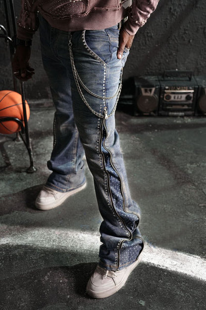 Secret Stone Vintage Premium Mens Stacked Jeans + Chain