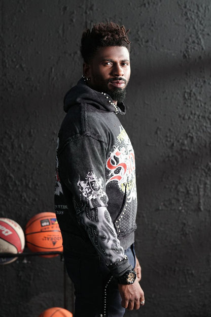Saints Black Washed Rhinestone Premium Mens Hoodie + Pearls