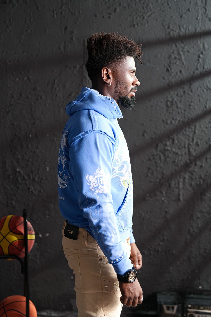 Saints Blue Washed Rhinestone Premium Mens Hoodie + Pearls