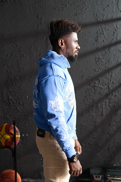 Saints Blue Washed Rhinestone Premium Mens Hoodie + Pearls