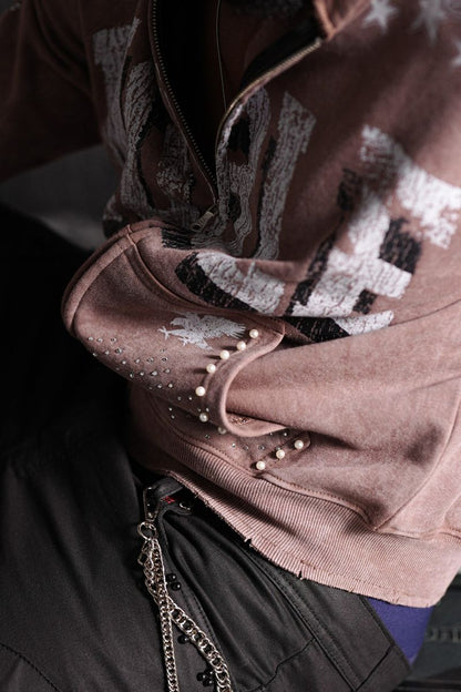 Noble Mocha Rhinestone Premium Mens Hoodie + Pearls Zip Up